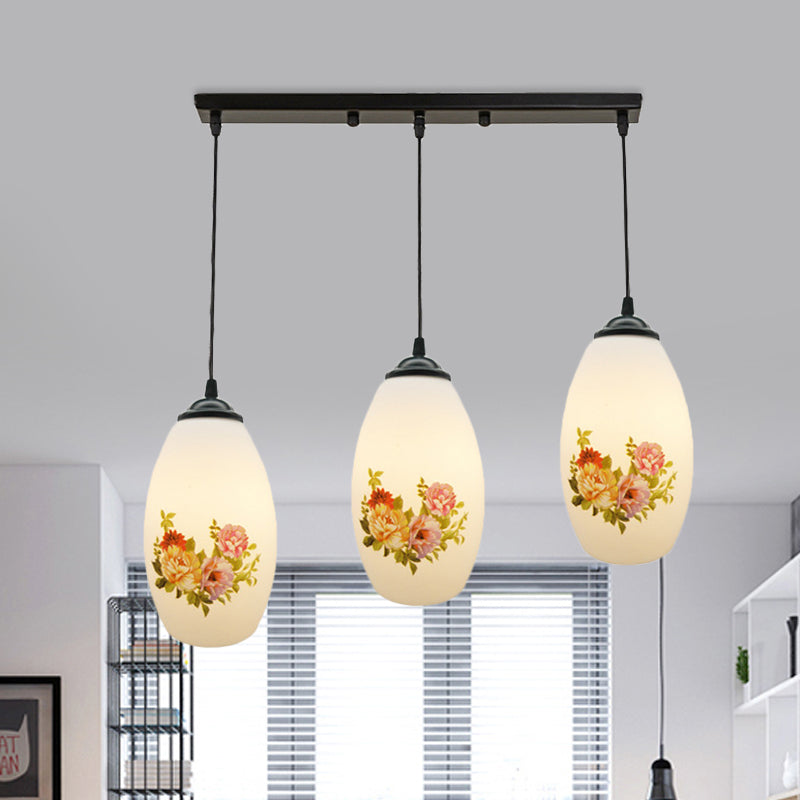 Minimalism Oval Multi Lamp Pendant 3 Heads White Frosted Glass Suspension Light in Black with Linear/Round Canopy