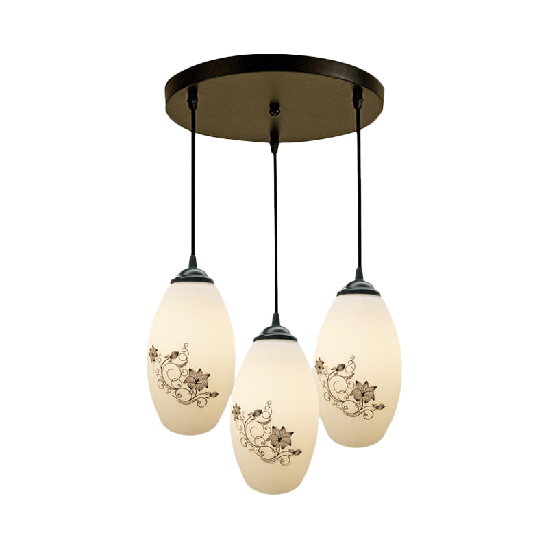 3 Lights Oval Multi-Pendant Modern Black Finish White Printed Glass Ceiling Hang Fixture with Round/Linear Canopy