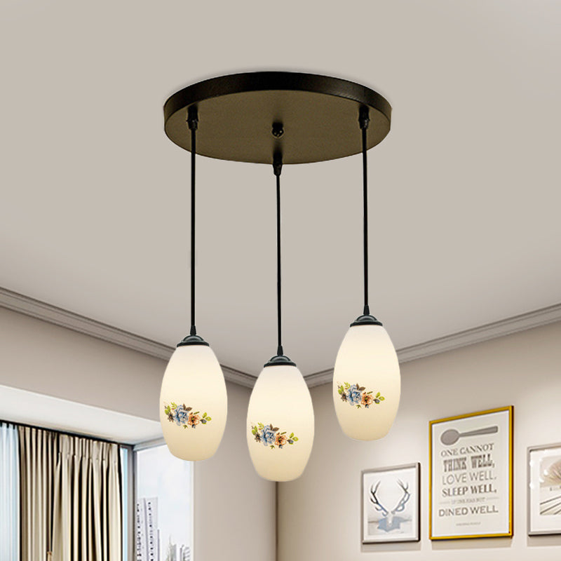 3 Lights Oval Multi-Pendant Modern Black Finish White Printed Glass Ceiling Hang Fixture with Round/Linear Canopy