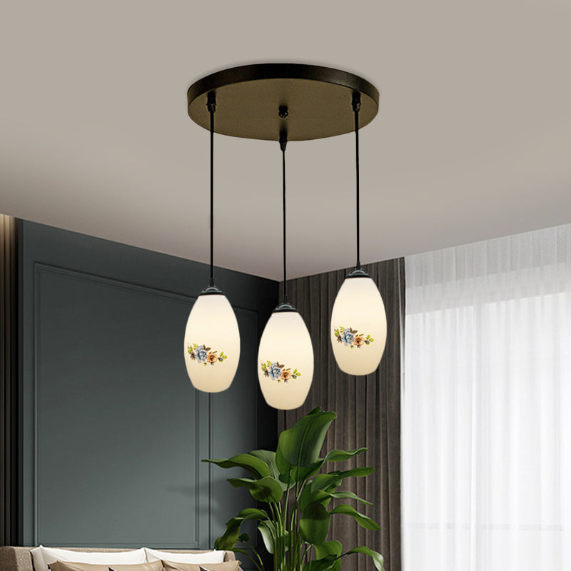 3 Lights Oval Multi-Pendant Modern Black Finish White Printed Glass Ceiling Hang Fixture with Round/Linear Canopy
