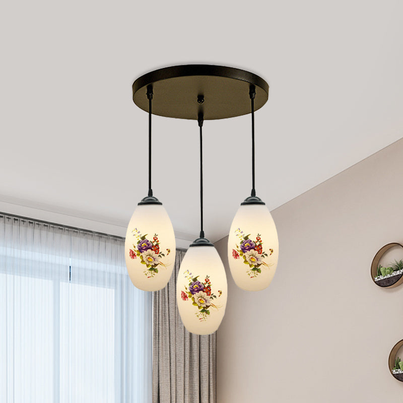 3 Lights Oval Multi-Pendant Modern Black Finish White Printed Glass Ceiling Hang Fixture with Round/Linear Canopy