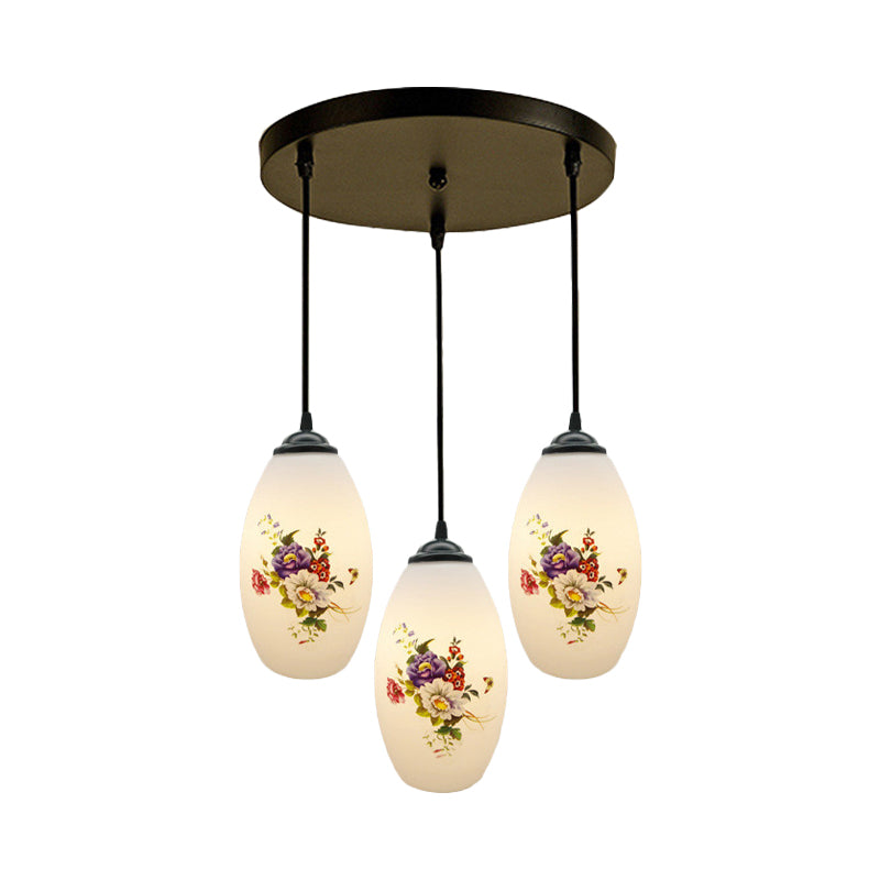 3 Lights Oval Multi-Pendant Modern Black Finish White Printed Glass Ceiling Hang Fixture with Round/Linear Canopy