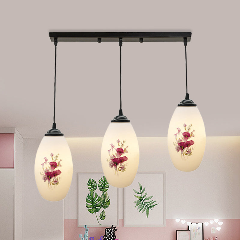 3 Lights Oval Multi-Pendant Modern Black Finish White Printed Glass Ceiling Hang Fixture with Round/Linear Canopy