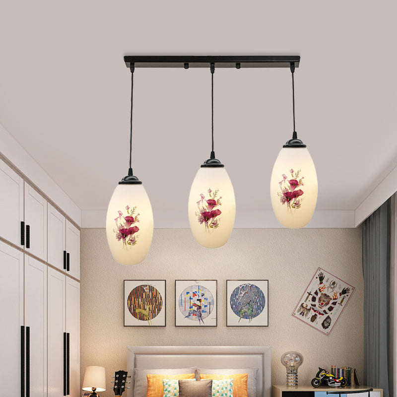 3 Lights Oval Multi-Pendant Modern Black Finish White Printed Glass Ceiling Hang Fixture with Round/Linear Canopy