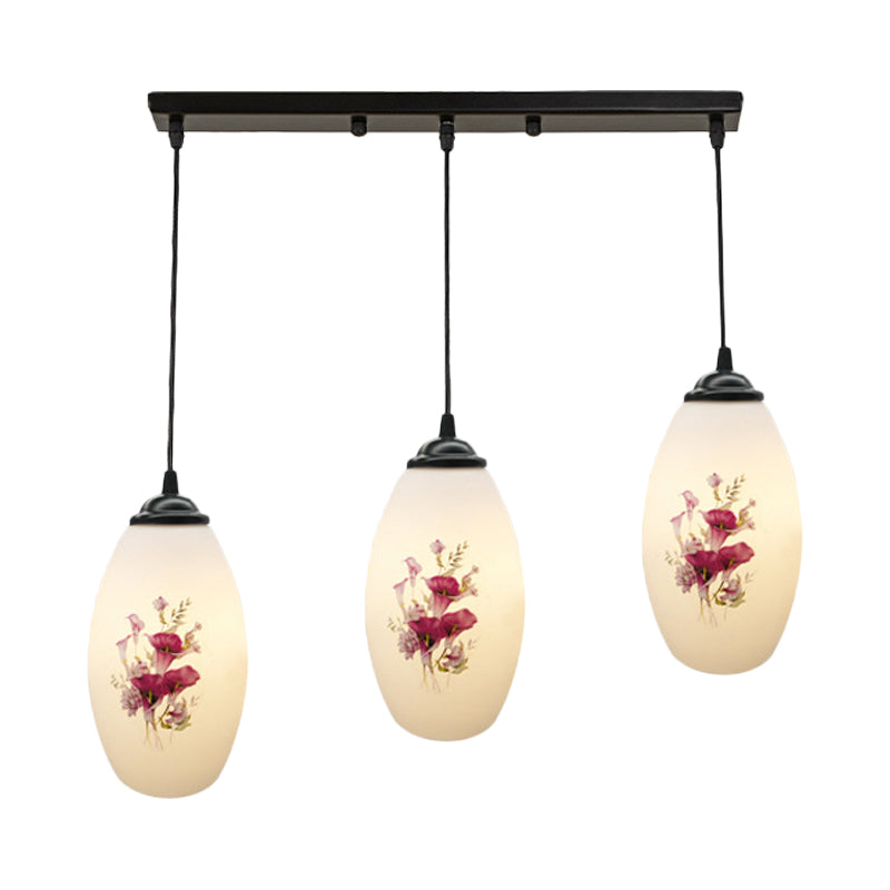 3 Lights Oval Multi-Pendant Modern Black Finish White Printed Glass Ceiling Hang Fixture with Round/Linear Canopy