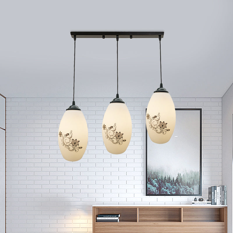 3 Lights Oval Multi-Pendant Modern Black Finish White Printed Glass Ceiling Hang Fixture with Round/Linear Canopy