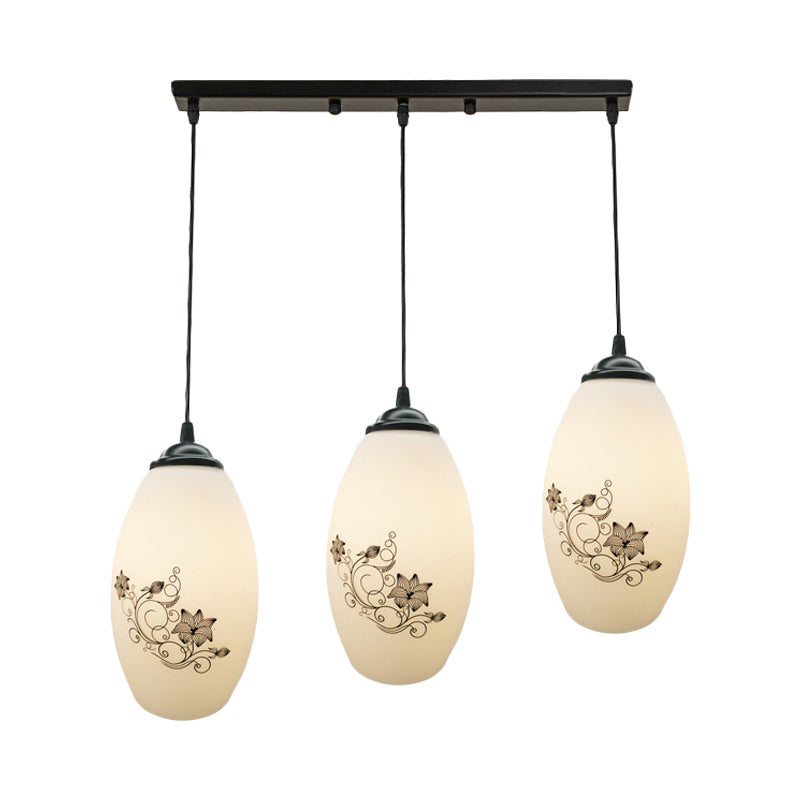 3 Lights Oval Multi-Pendant Modern Black Finish White Printed Glass Ceiling Hang Fixture with Round/Linear Canopy