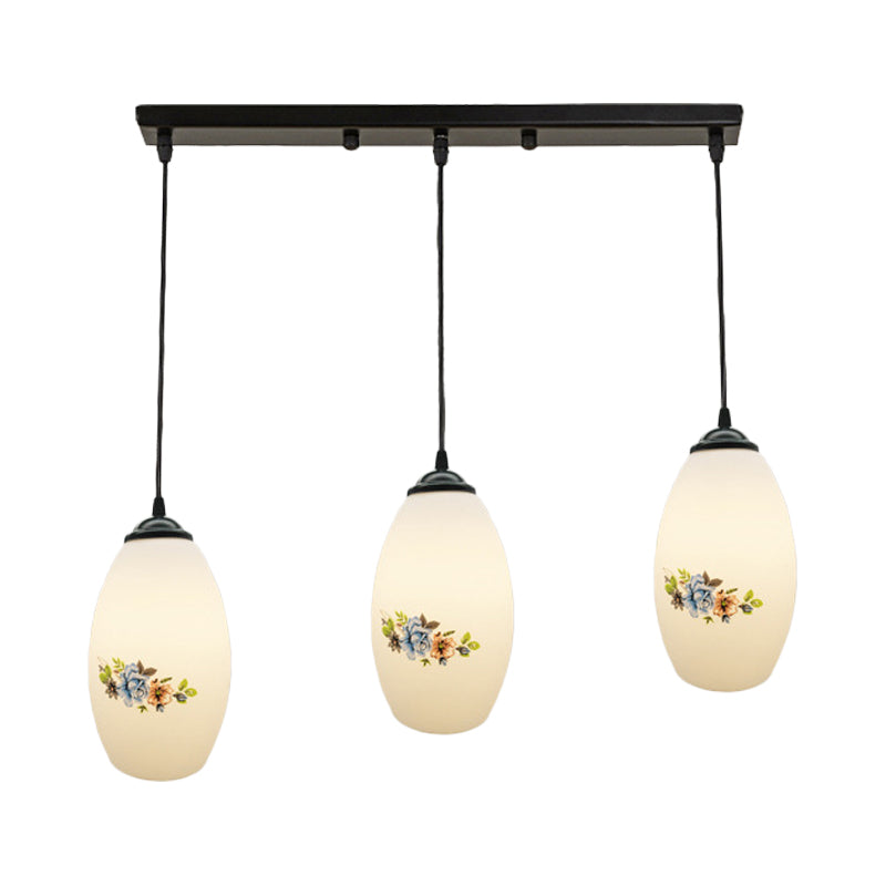 3 Lights Oval Multi-Pendant Modern Black Finish White Printed Glass Ceiling Hang Fixture with Round/Linear Canopy