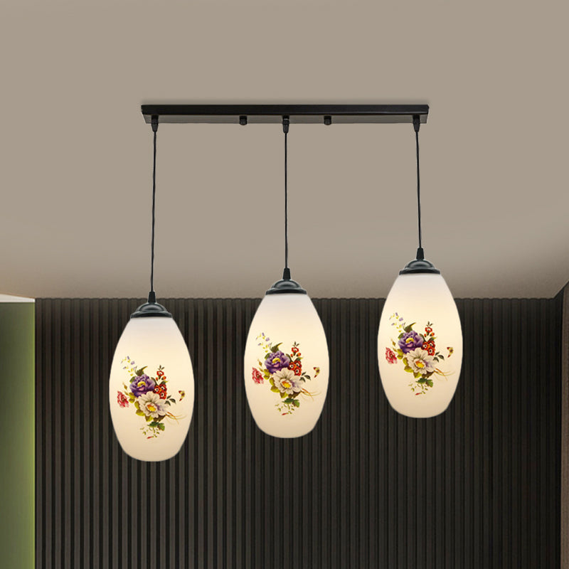 3 Lights Oval Multi-Pendant Modern Black Finish White Printed Glass Ceiling Hang Fixture with Round/Linear Canopy