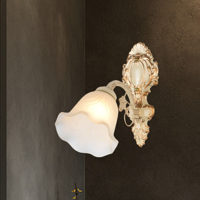 Floral Frosted Glass Wall Sconce Vintage 1 Bulb Bedroom Wall Mounted Light Fixture in Beige