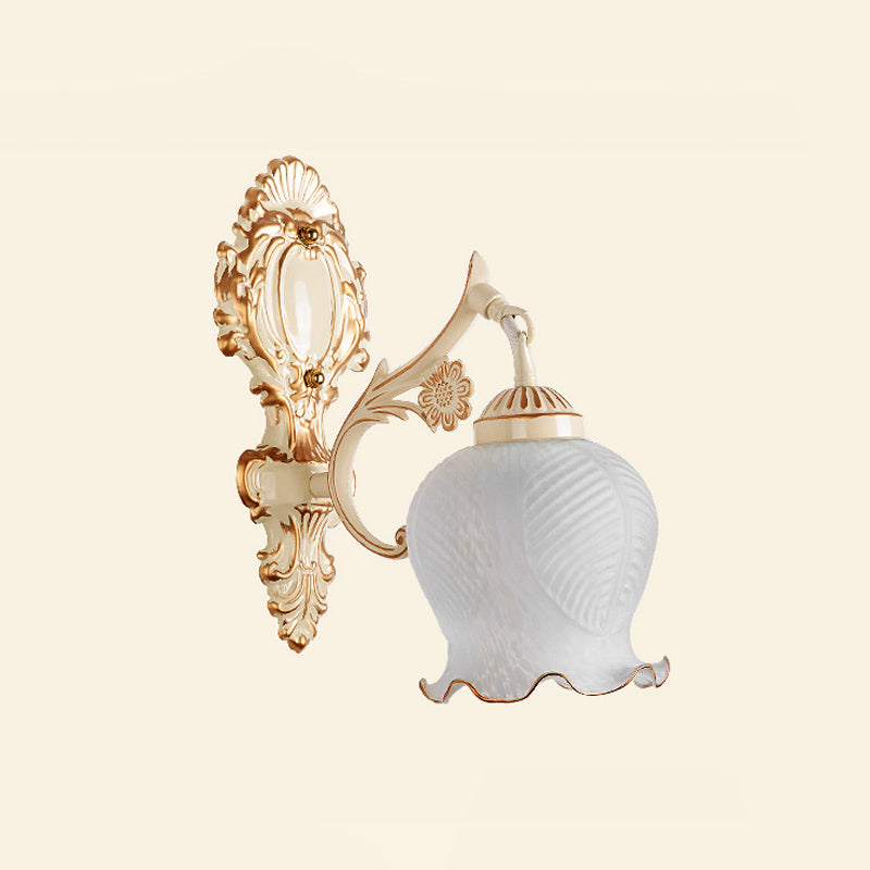 1/2-Bulb Flower Wall Light Fixture Traditional White Glass Wall Sconce Lighting for Living Room