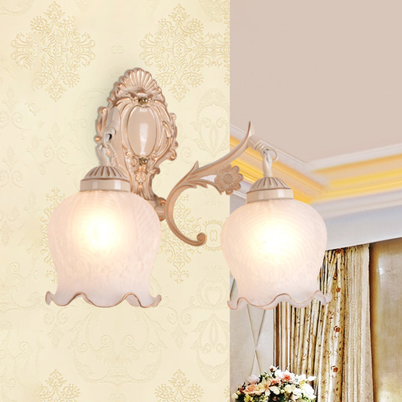 1/2-Bulb Flower Wall Light Fixture Traditional White Glass Wall Sconce Lighting for Living Room