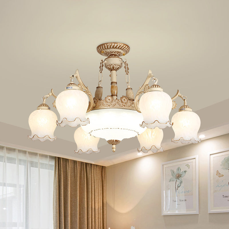 White Glass Floral Ceiling Light Rustic 7/9/11 Heads Living Room Semi Flush Mount Lighting