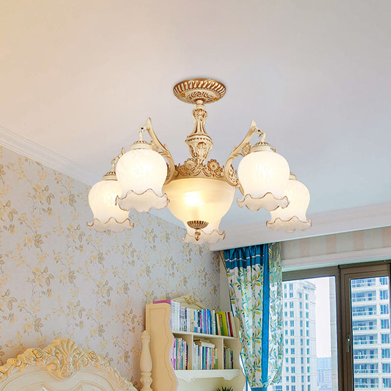 White Glass Floral Ceiling Light Rustic 7/9/11 Heads Living Room Semi Flush Mount Lighting