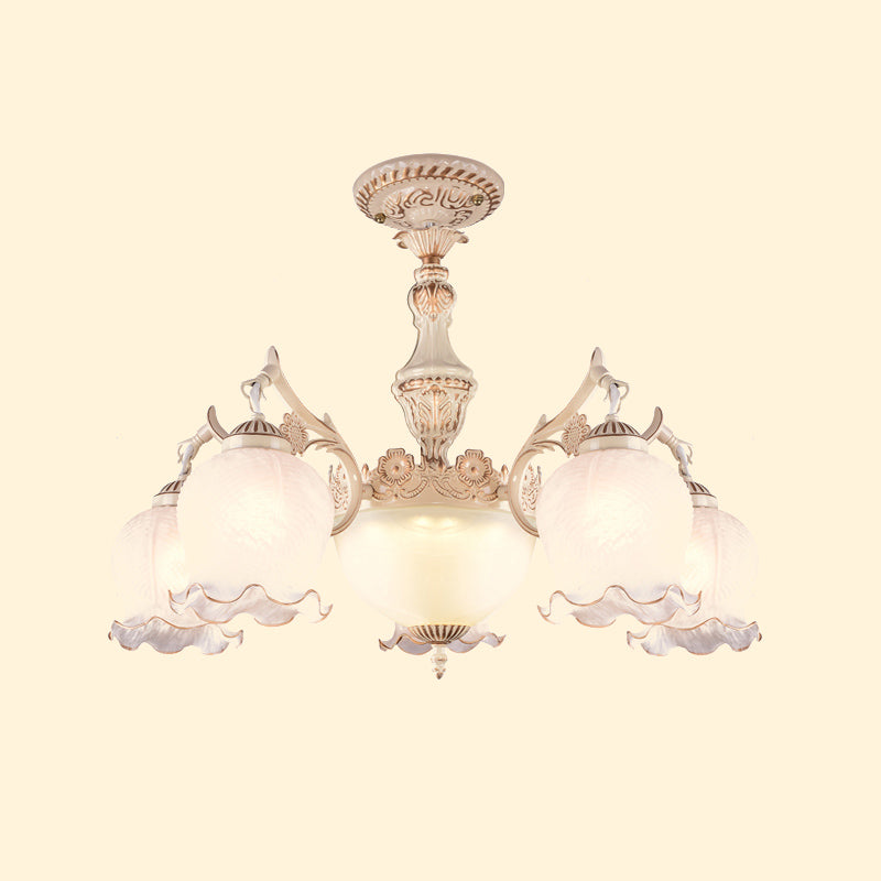 White Glass Floral Ceiling Light Rustic 7/9/11 Heads Living Room Semi Flush Mount Lighting