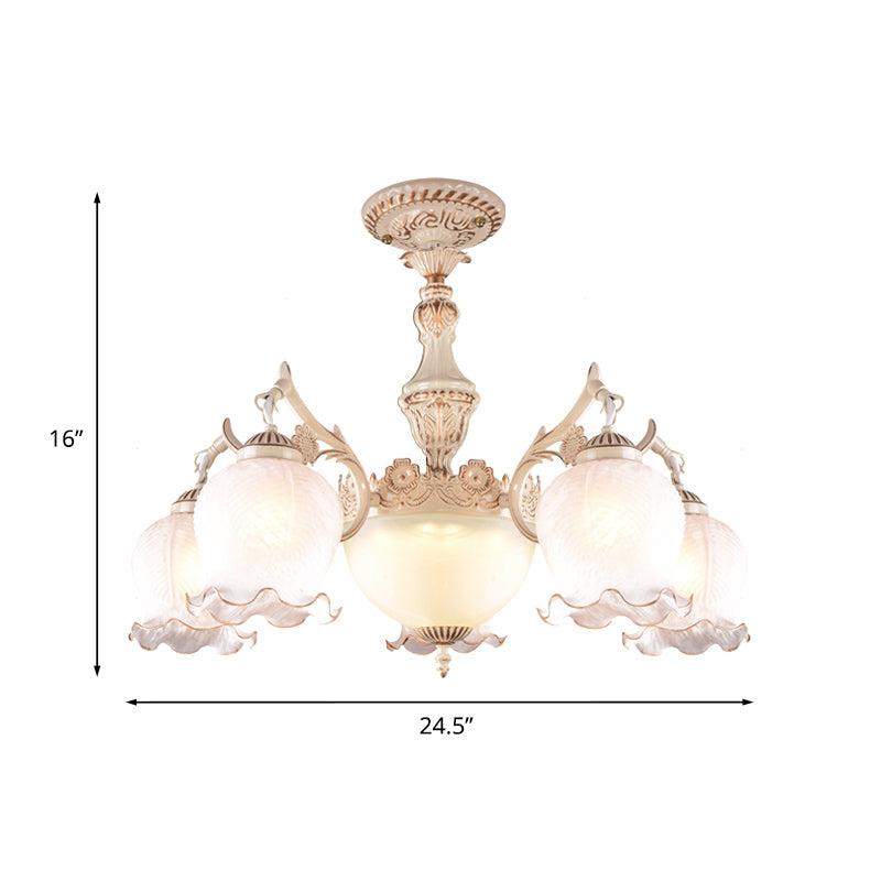 White Glass Floral Ceiling Light Rustic 7/9/11 Heads Living Room Semi Flush Mount Lighting