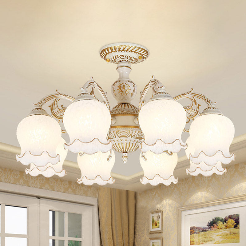 Blume Wohnzimmer semi Flush Rustikale Weiss Glas 3/5/6 Bulben Beige Flush Mount Light Halterung