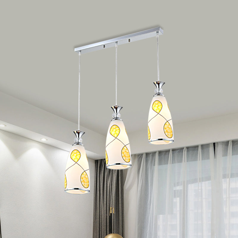 Modernist länglich mehrfach hängende leichte 3-leichte gefrostete Glasropfen-Anhängerlampe in Schwarz/Chrom mit runden/linearen Baldachin