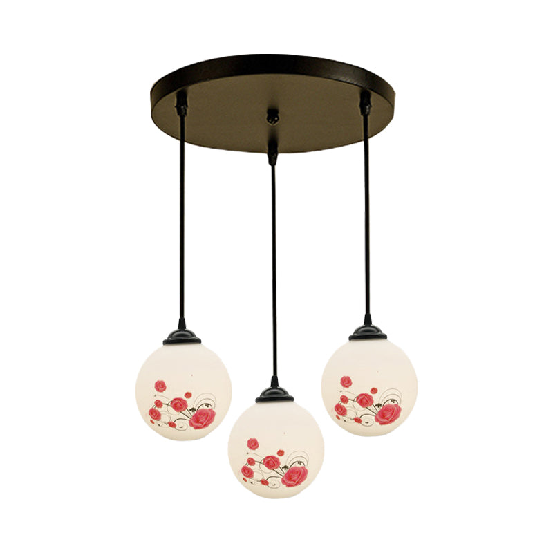 3 Heads Orb Multi-Pendant Modernism Black Finish White Frosted Glass Hanging Light Kit with Flower Pattern and Round/Linear Canopy