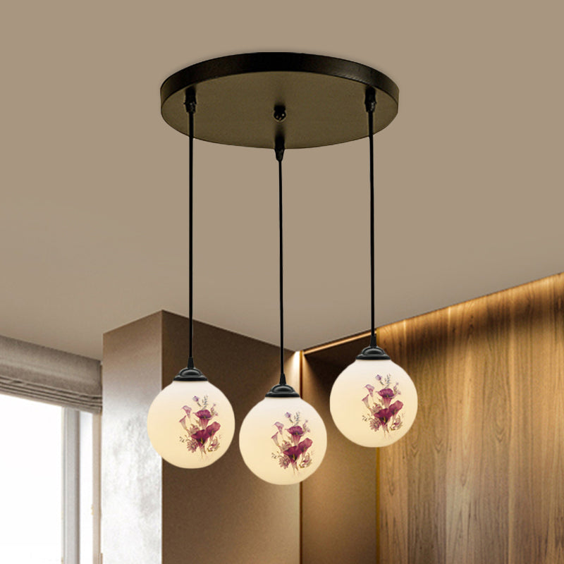 3 Heads Orb Multi-Pendant Modernism Black Finish White Frosted Glass Hanging Light Kit with Flower Pattern and Round/Linear Canopy
