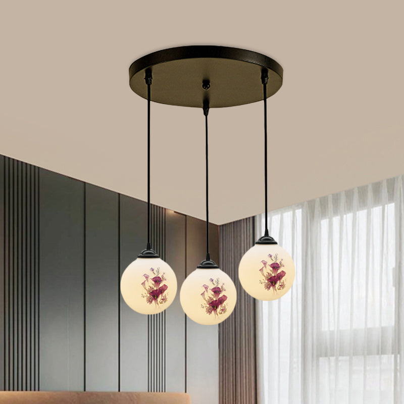 3 Heads Orb Multi-Pendant Modernism Black Finish White Frosted Glass Hanging Light Kit with Flower Pattern and Round/Linear Canopy