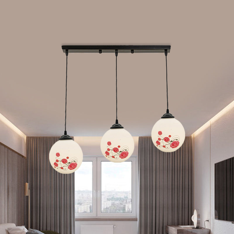 3 Heads Orb Multi-Pendant Modernism Black Finish White Frosted Glass Hanging Light Kit with Flower Pattern and Round/Linear Canopy