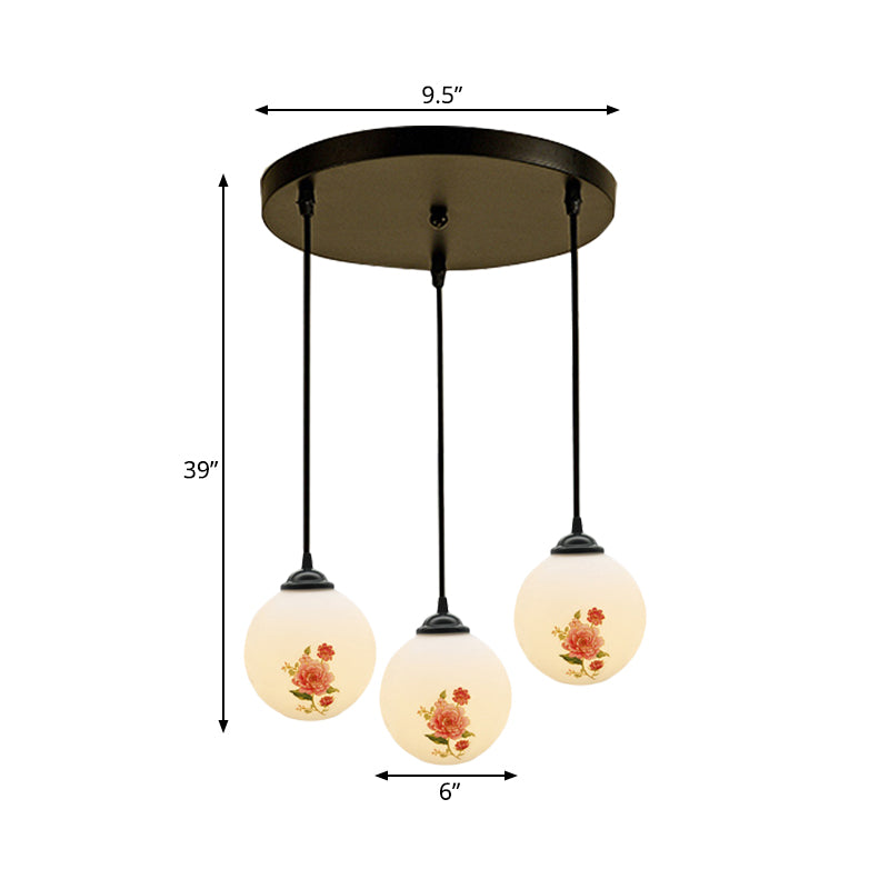 Ball Frosted White Glass Multi Light Pendant Minimalist 3 Bulbs Dining Room Suspension Lamp with Linear/Round Canopy and Floral Pattern