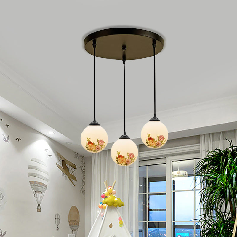 Ball Frosted White Glass Multi Light Pendant Minimalist 3 Bulbs Dining Room Suspension Lamp with Linear/Round Canopy and Floral Pattern