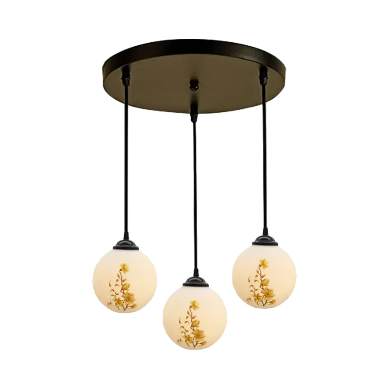 Ball Frosted White Glass Multi Light Pendant Minimalist 3 Bulbs Dining Room Suspension Lamp with Linear/Round Canopy and Floral Pattern