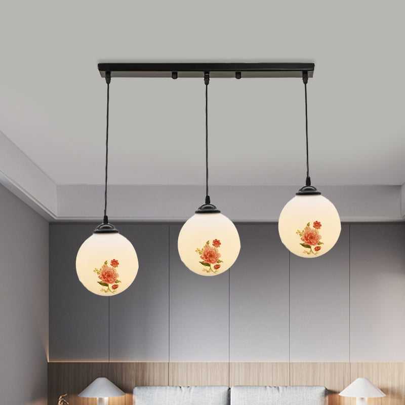 Ball Frosted White Glass Multi Light Pendant Minimalist 3 Bulbs Dining Room Suspension Lamp with Linear/Round Canopy and Floral Pattern