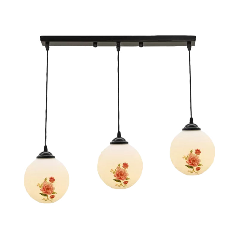 Ball Frosted White Glass Multi Light Pendant Minimalist 3 Bulbs Dining Room Suspension Lamp with Linear/Round Canopy and Floral Pattern