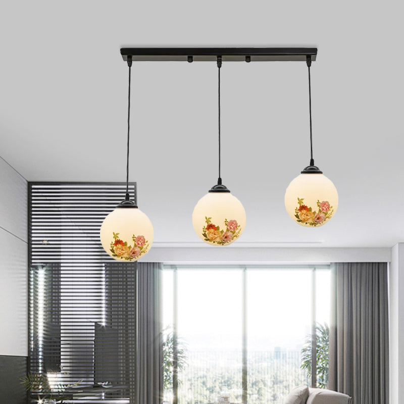 Ball Frosted White Glass Multi Light Pendant Minimalist 3 Bulbs Dining Room Suspension Lamp with Linear/Round Canopy and Floral Pattern