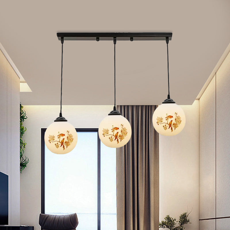 Ball Frosted White Glass Multi Light Pendant Minimalist 3 Bulbs Dining Room Suspension Lamp with Linear/Round Canopy and Floral Pattern