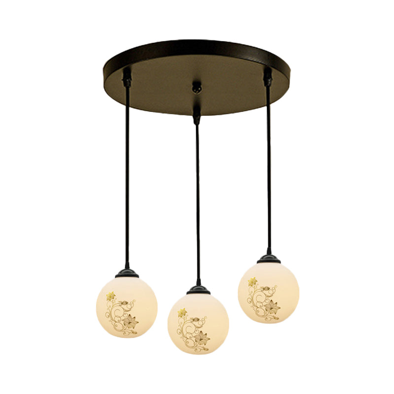 Black Sphere Multi Ceiling Lamp Modernism White Printing Glass 3-Light Dining Room Pendant with Round/Linear Canopy