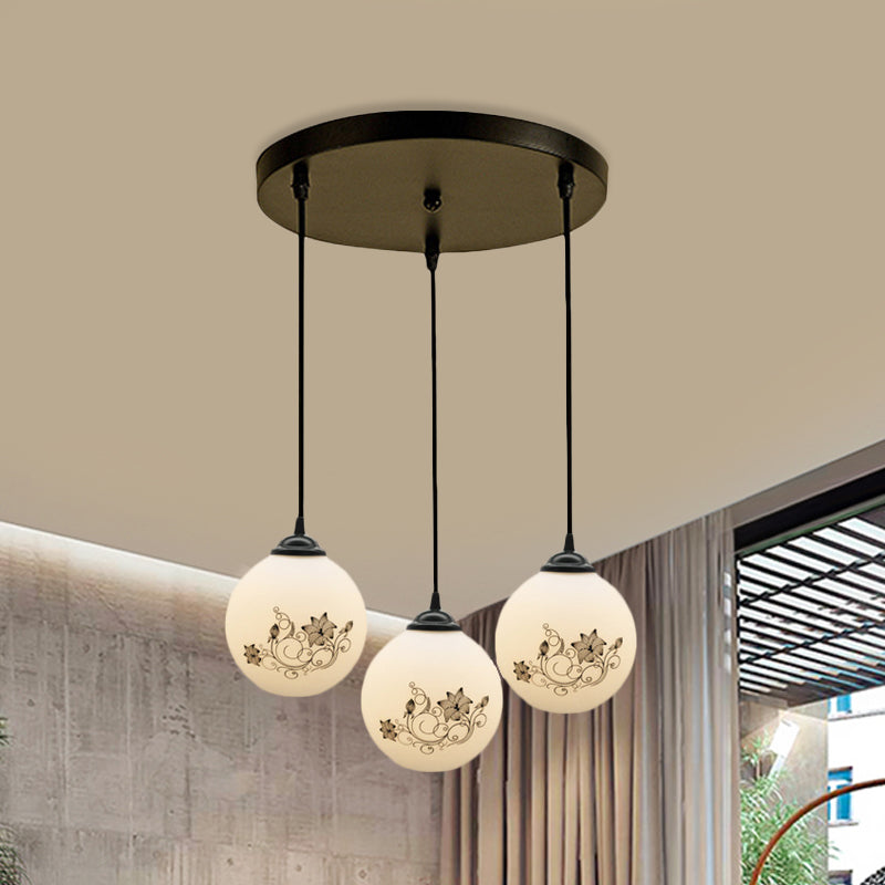 Black Sphere Multi Ceiling Lamp Modernism White Printing Glass 3-Light Dining Room Pendant with Round/Linear Canopy