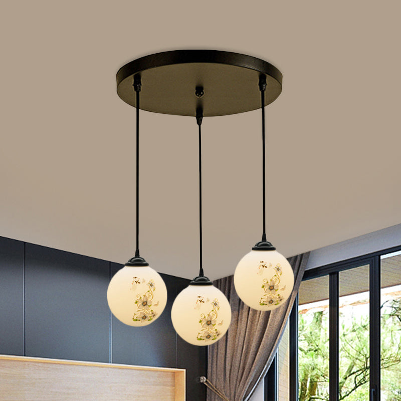 Black Sphere Multi Ceiling Lamp Modernism White Printing Glass 3-Light Dining Room Pendant with Round/Linear Canopy