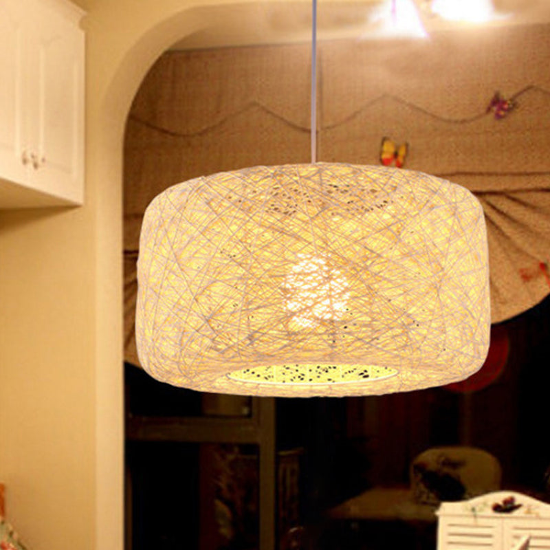 Flaxen Drum Ceiling Hanging Lantern Chinese 16/23.5 Inches Wide 1-Light Bamboo Down Lighting Pendant