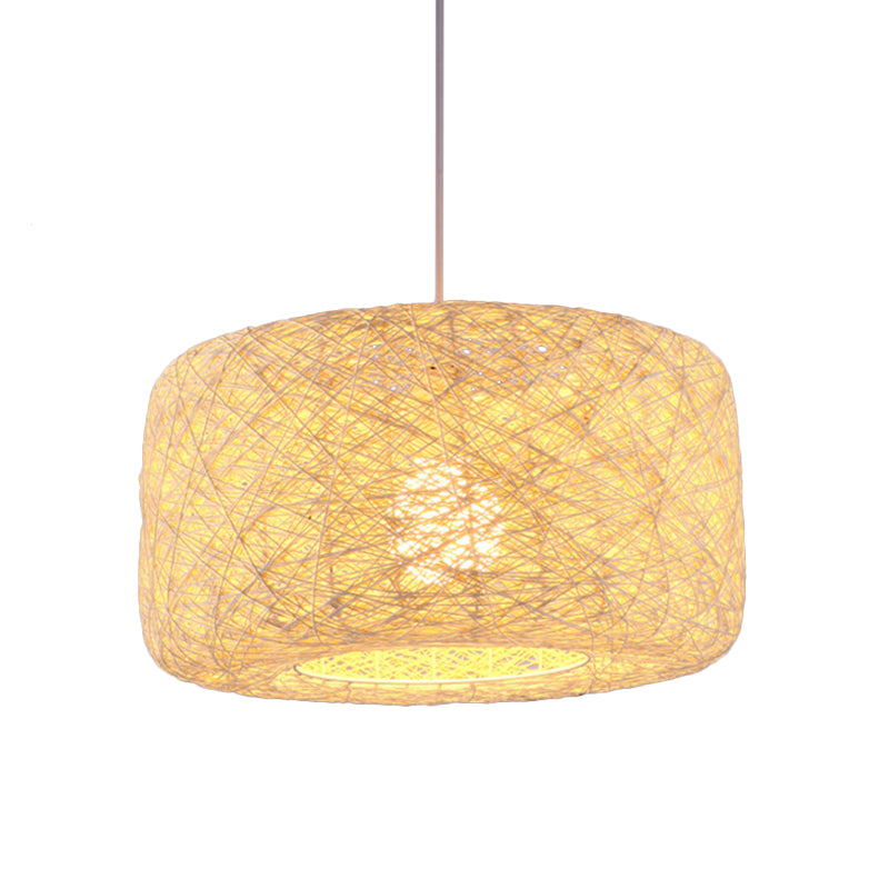 Flaxen Drum Ceiling Hanging Lantern Chinese 16/23.5 Inches Wide 1-Light Bamboo Down Lighting Pendant