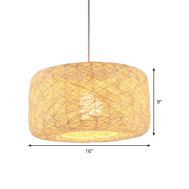 Flaxen Drum Ceiling Hanging Lantern Chinese 16/23.5 Inches Wide 1-Light Bamboo Down Lighting Pendant