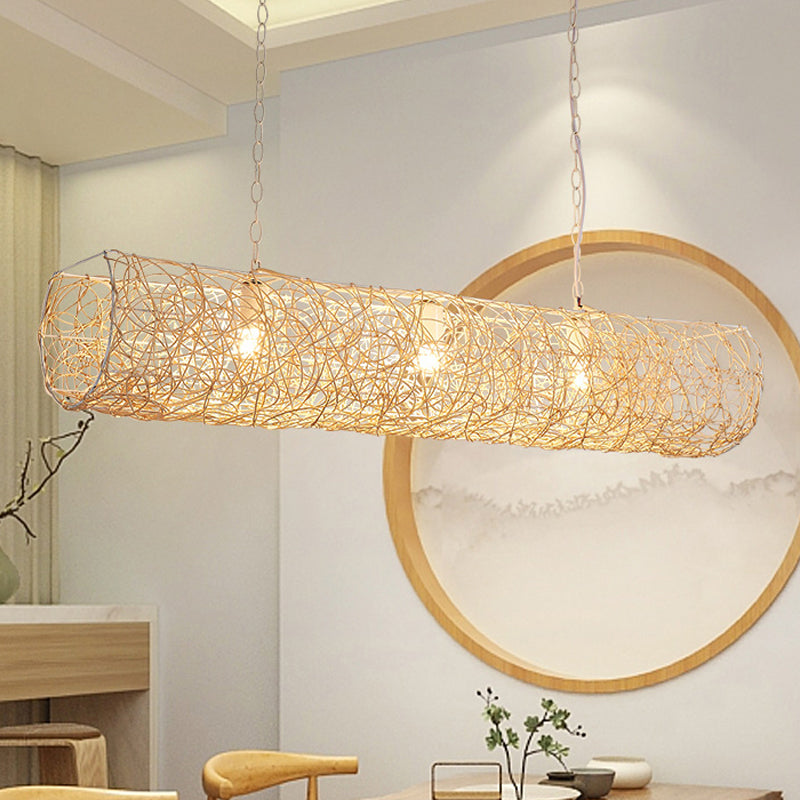 White Piping Horizontal Suspension Light Contemporary 3-Light Bamboo Rattan Chandelier Pendant Light