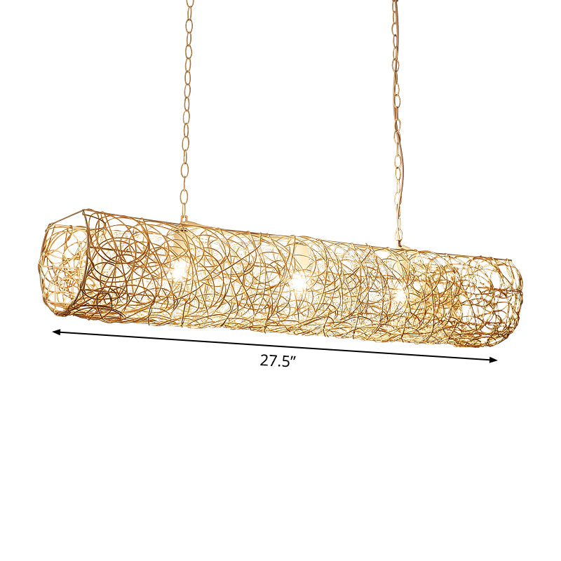White Piping Horizontal Suspension Light Contemporary 3-Light Bamboo Rattan Chandelier Pendant Light