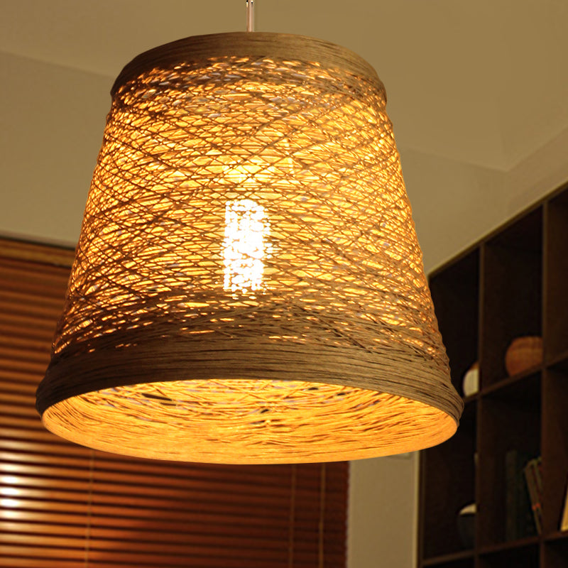 Bamboo Rattan Bucket Pendant Light Rural Single Flaxen Hanging Lamp Kit for Restaurant