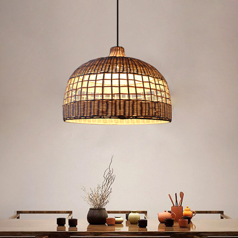 Beige Gridded Bowl Drop Pendant Countryside 1 Bulb Bamboo Ceiling Suspension Lamp over Table