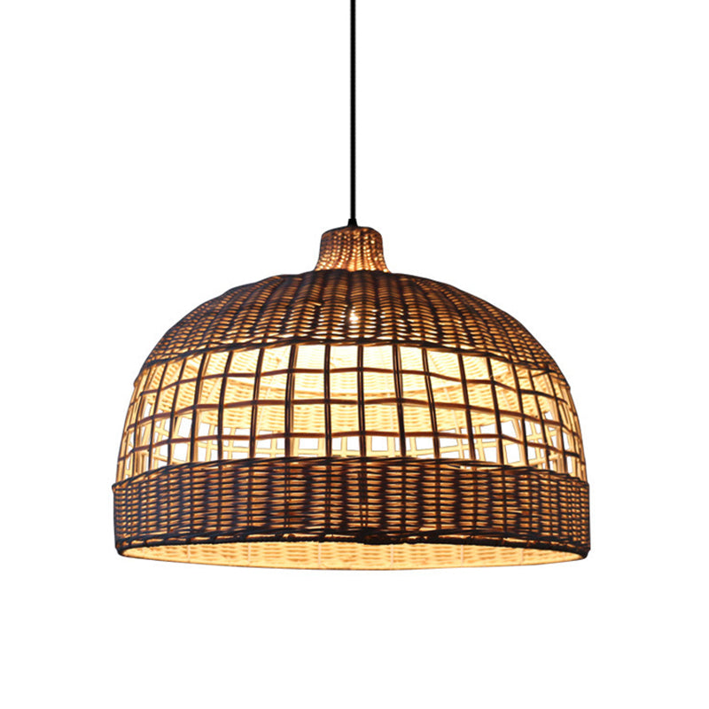 Beige Gridded Bowl Drop Pendant Countryside 1 Bulb Bamboo Ceiling Suspension Lamp over Table
