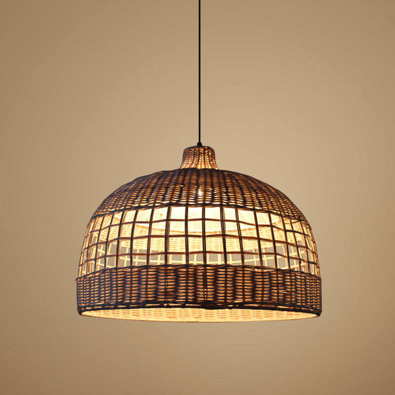 Beige Gridded Bowl Drop Pendant Countryside 1 Bulb Bamboo Ceiling Suspension Lamp over Table