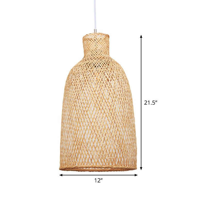 Khaki Trumpet Pendant Lamp Japanese 1 Bulb Bamboo Hanging Light Fixture over Dining Table