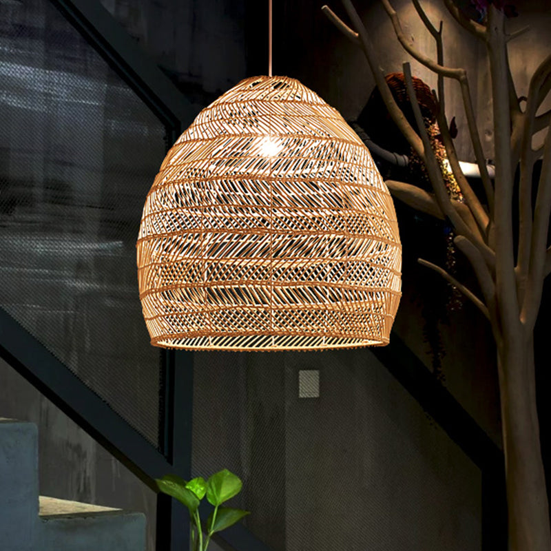 Bamboo Cloche Hanging Light Kit Tropical 1 tête 14 "/ 18" Éclairage de pendentif beige de largeur