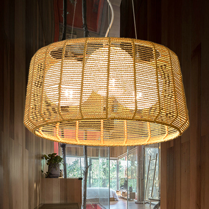 Plafond de chambre à 3 légers Plafond lustre chinois pendentif beige avec cage en bambou à tambour