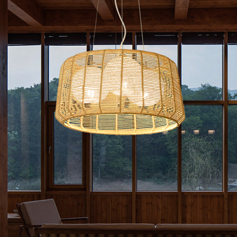 Plafond de chambre à 3 légers Plafond lustre chinois pendentif beige avec cage en bambou à tambour