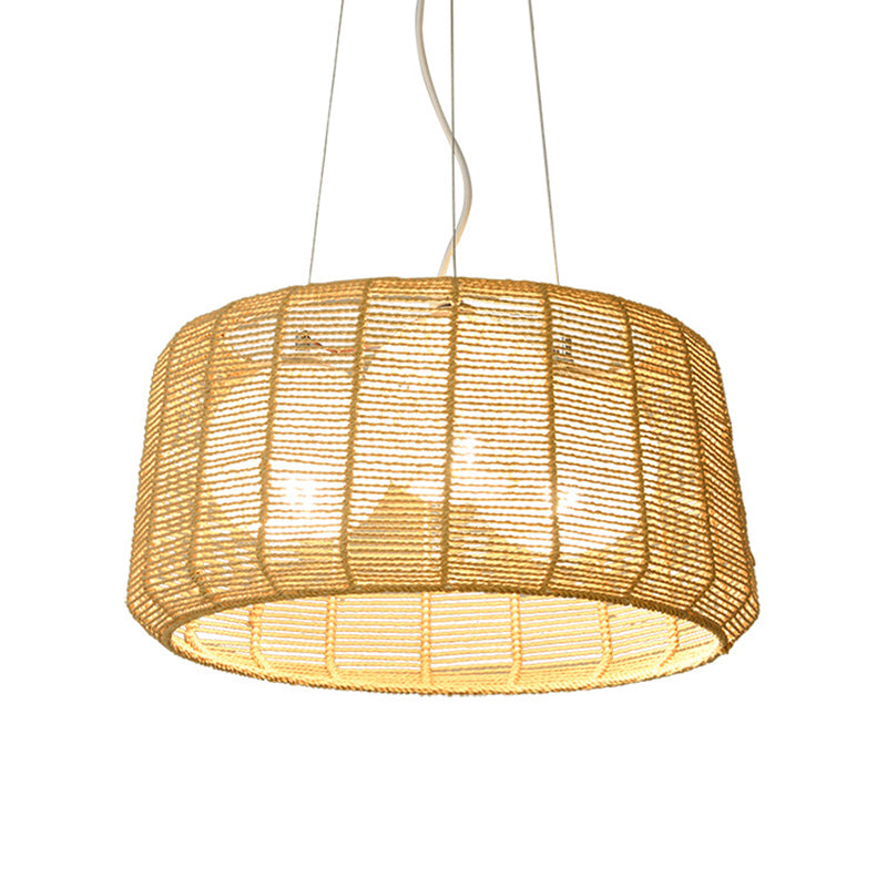 3-Light Guest Room Ceiling Chandelier Chinese Beige Pendant Light with Drum Bamboo Cage